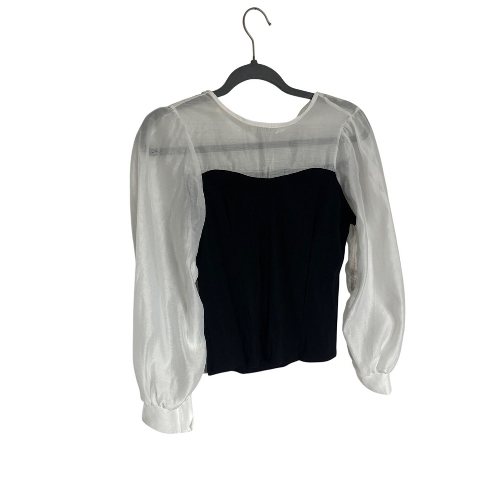 Korean Fashion Black White Sheer Puff Sleeve‎ Contrast Sweetheart Blouse Top